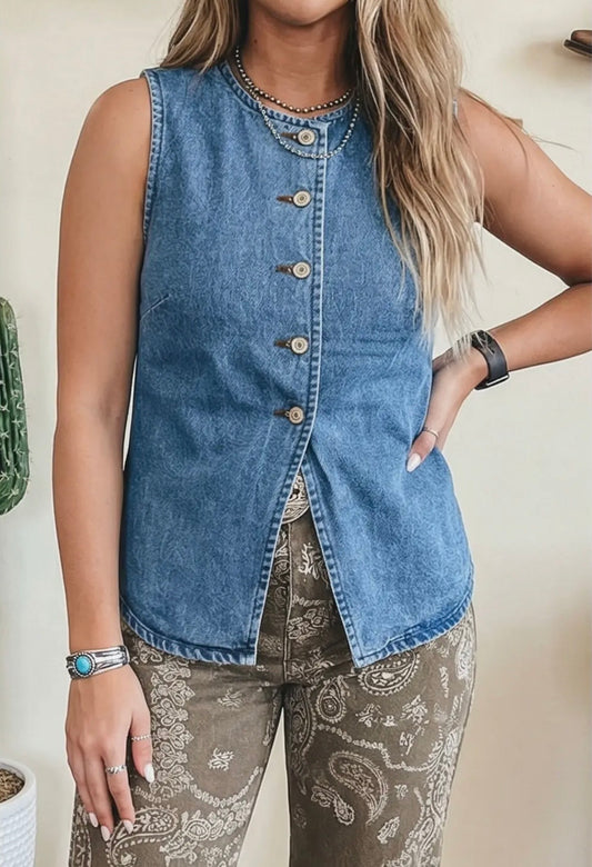 Fashion-W Western Buttoned Front Slit Denim Vest