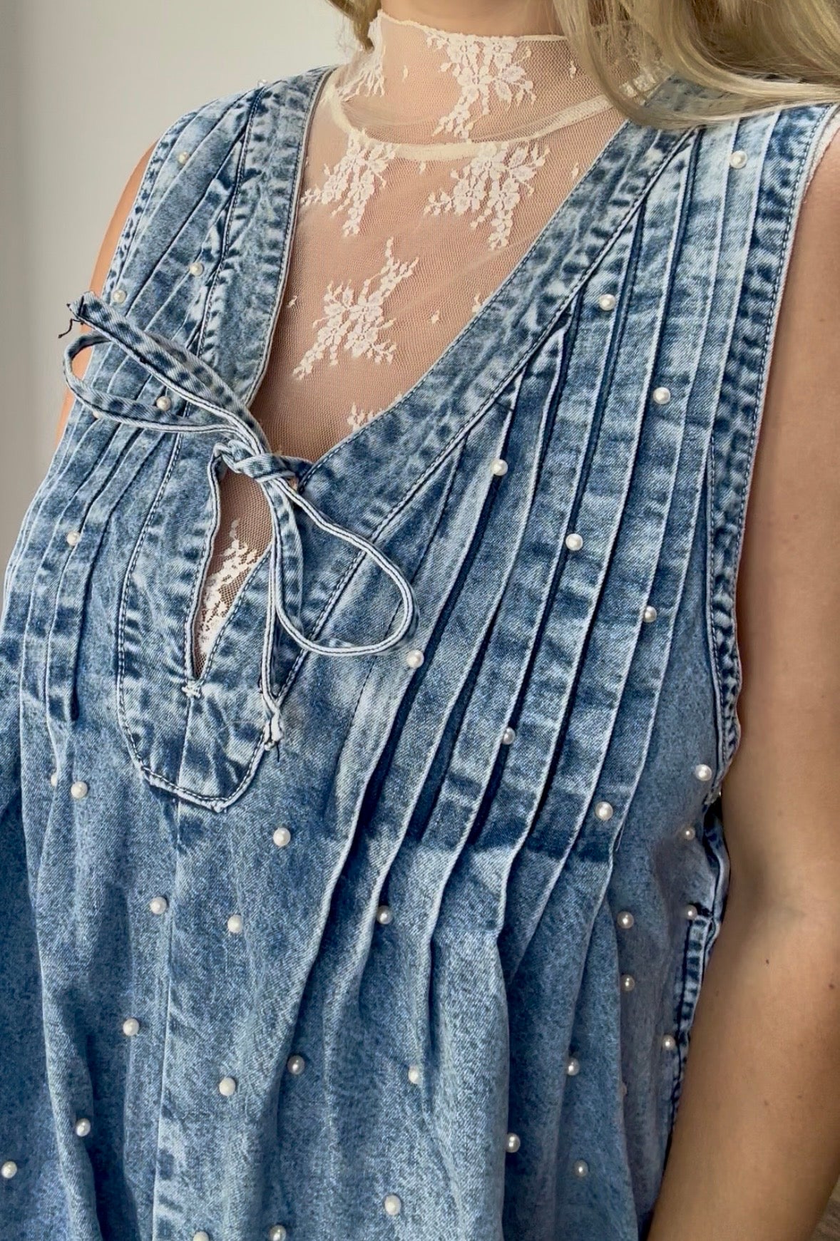 Pleated All over Pearl Denim Romper
