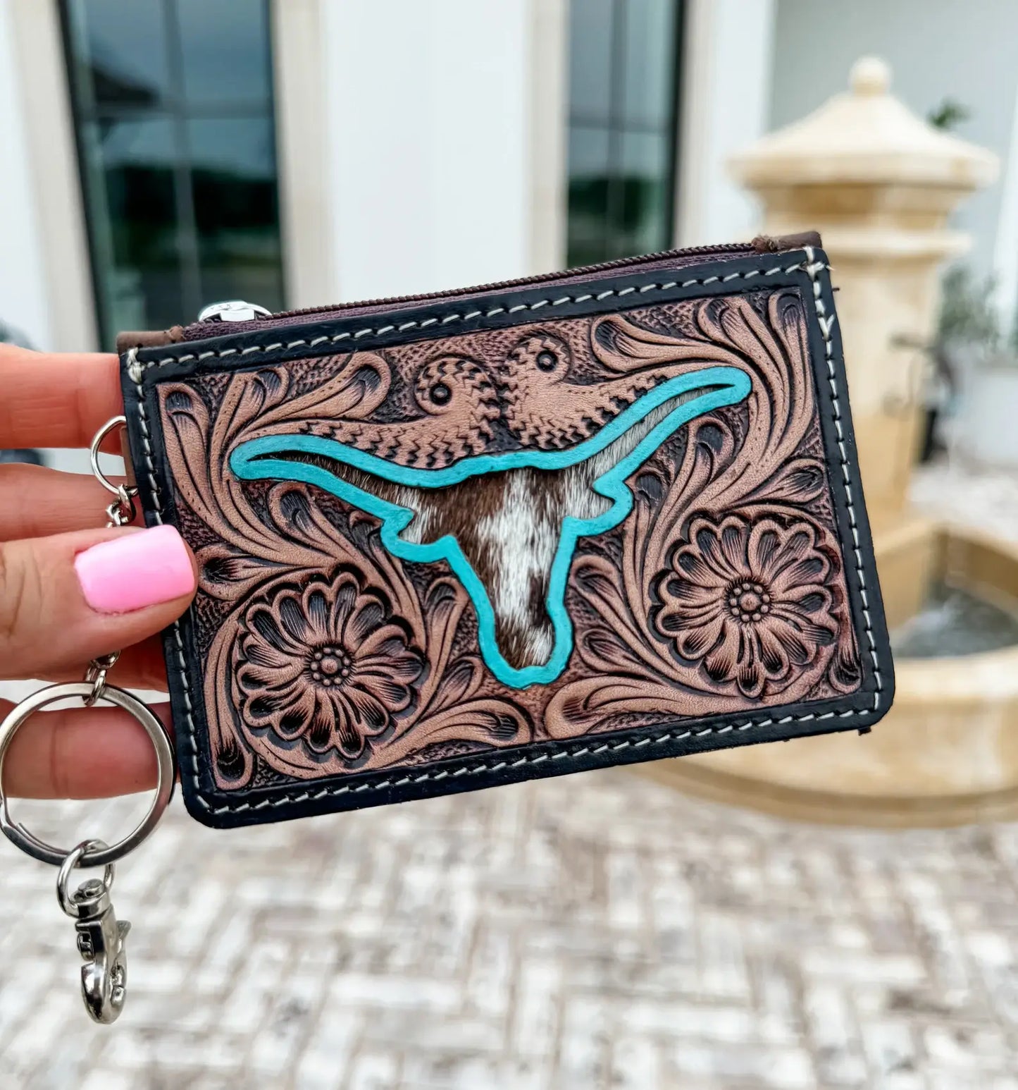 Western Cowhide Leather Keychain Wallet Longhorn