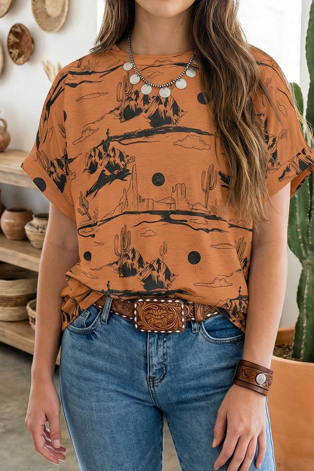Western Desert Sand Print Short Sleeve Knit Top