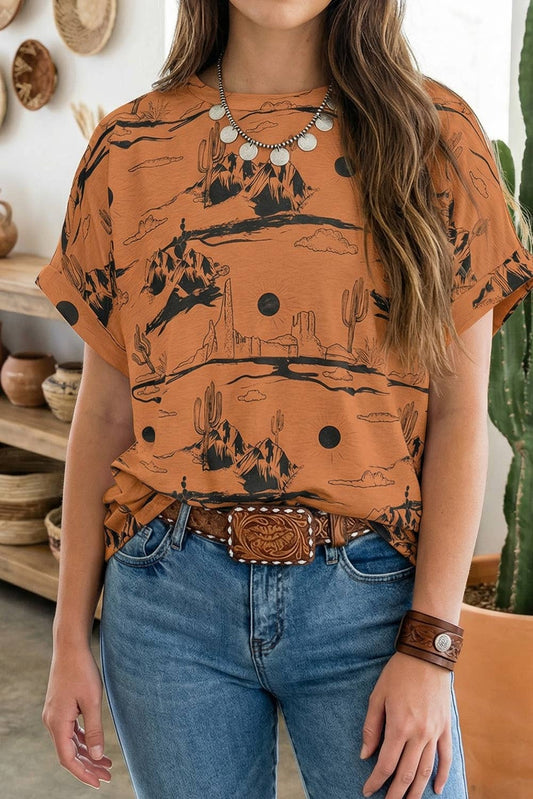 Western Desert Sand Print Short Sleeve Knit Top