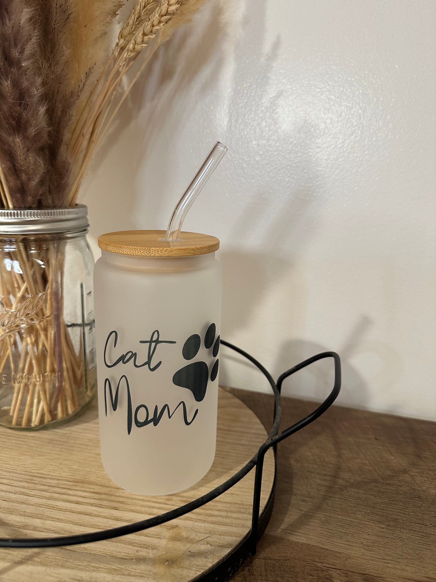 Dog mom , cat mom 16oz glass tumbler