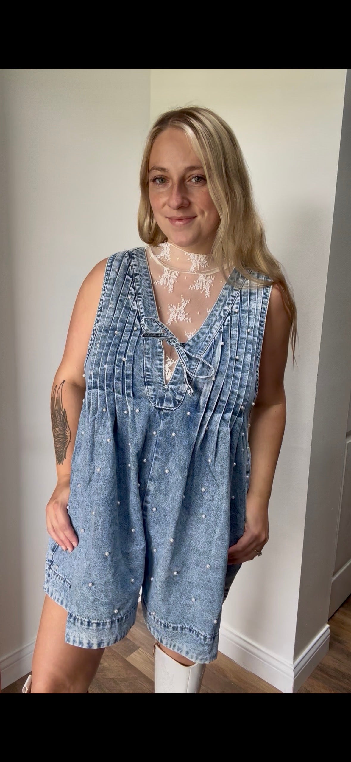 Pleated All over Pearl Denim Romper
