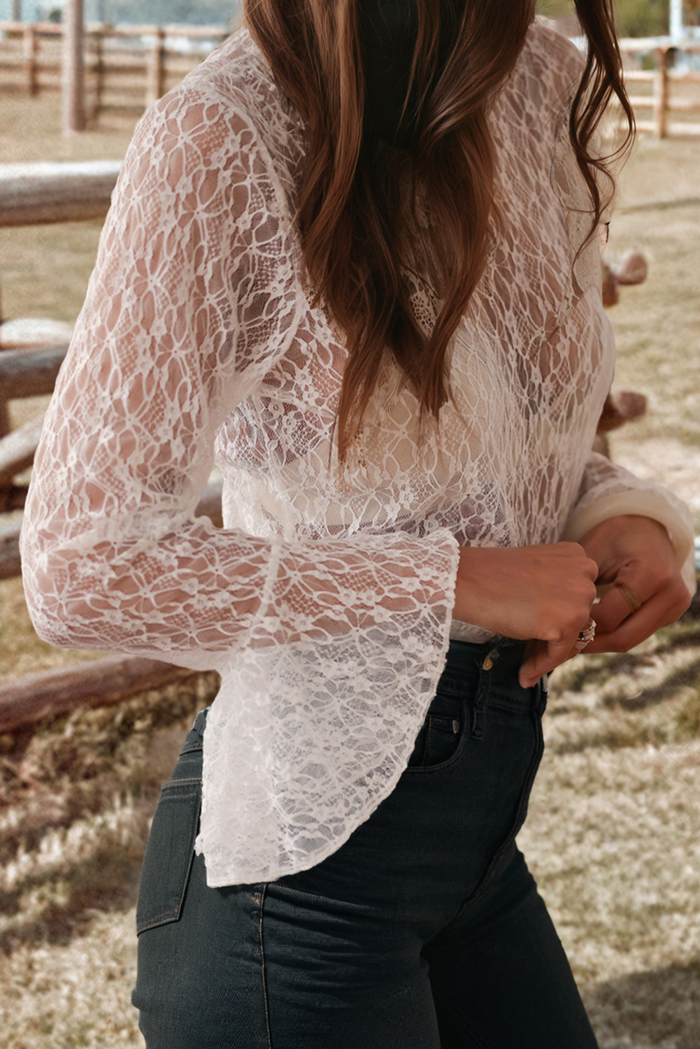 Sheer Lace Bell Sleeve Mock Neck Blouse