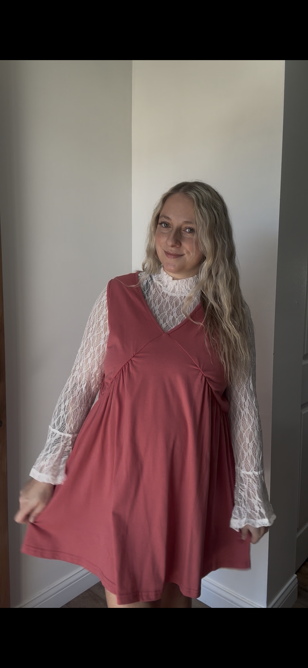 Sheer Lace Bell Sleeve Mock Neck Blouse