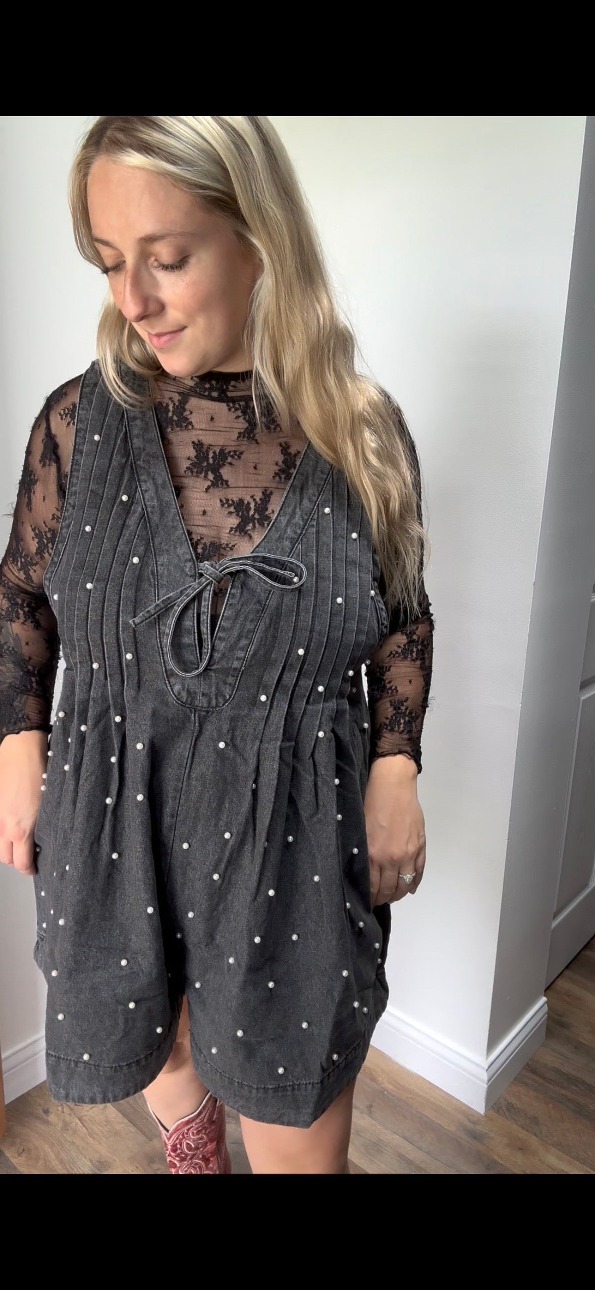 Pleated All over Pearl Denim Romper