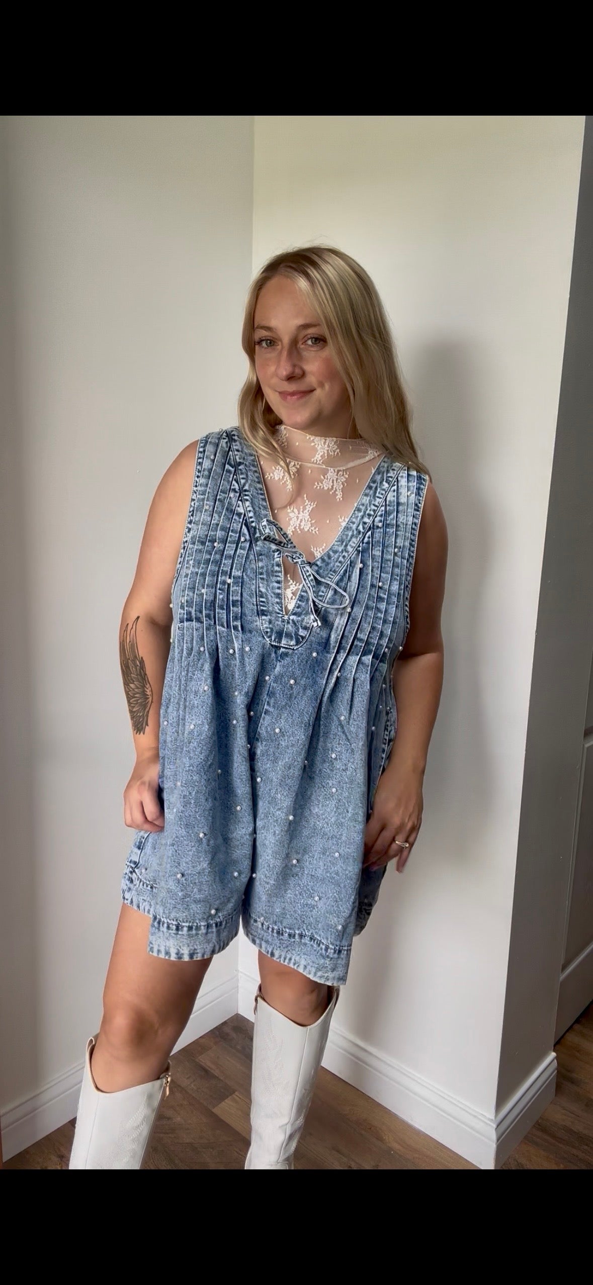 Pleated All over Pearl Denim Romper