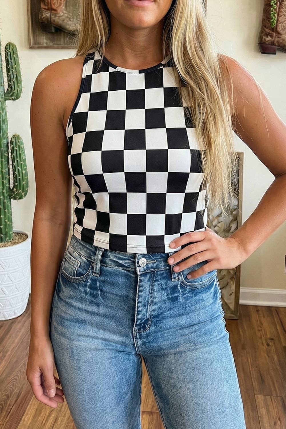 Black Checkerboard Printed Slim Tank Top