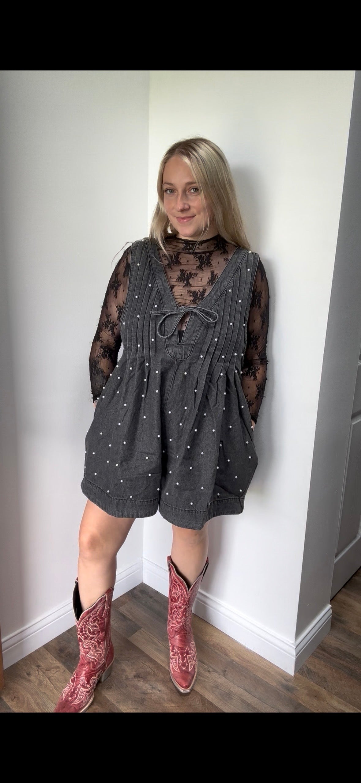Pleated All over Pearl Denim Romper