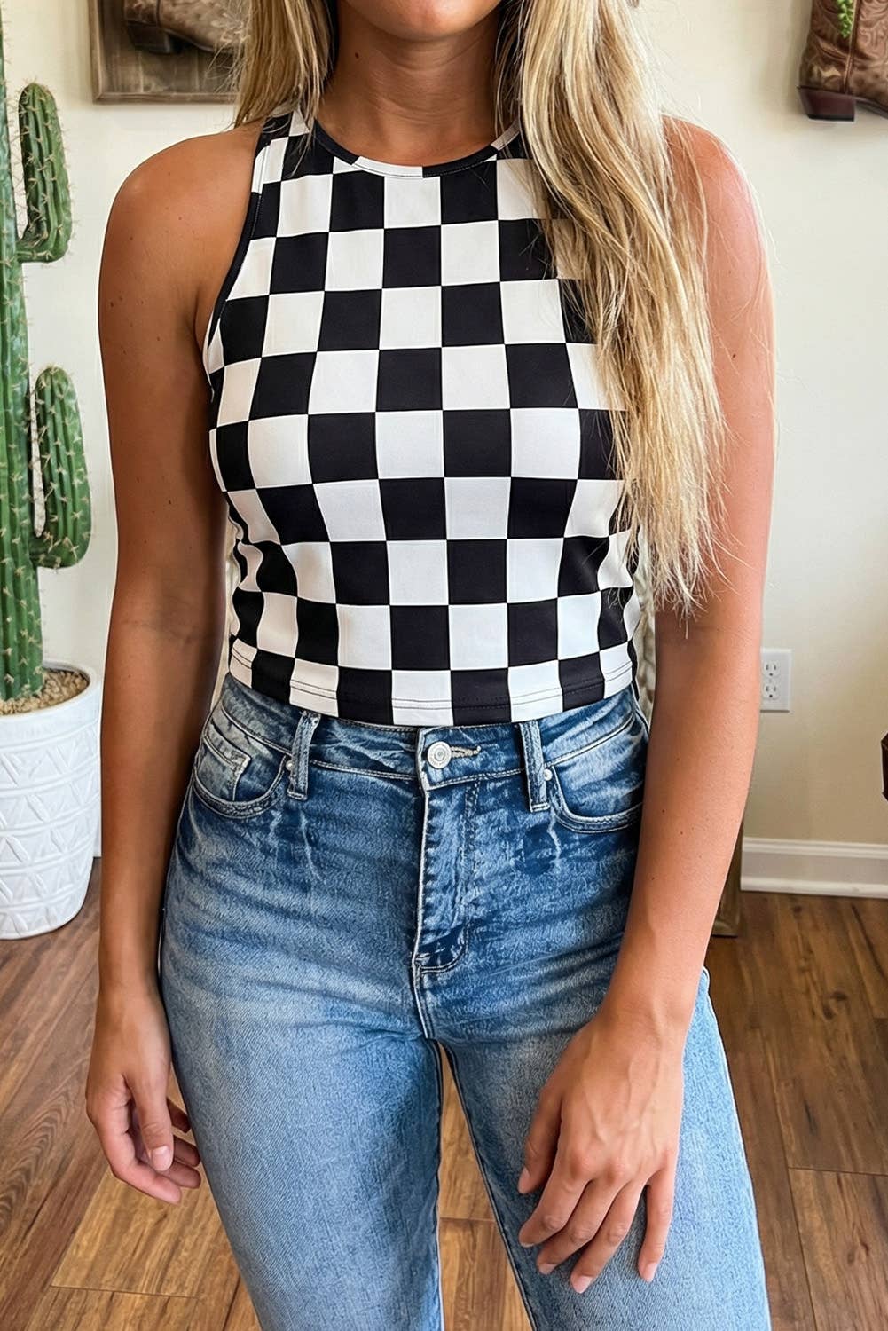 Black Checkerboard Printed Slim Tank Top