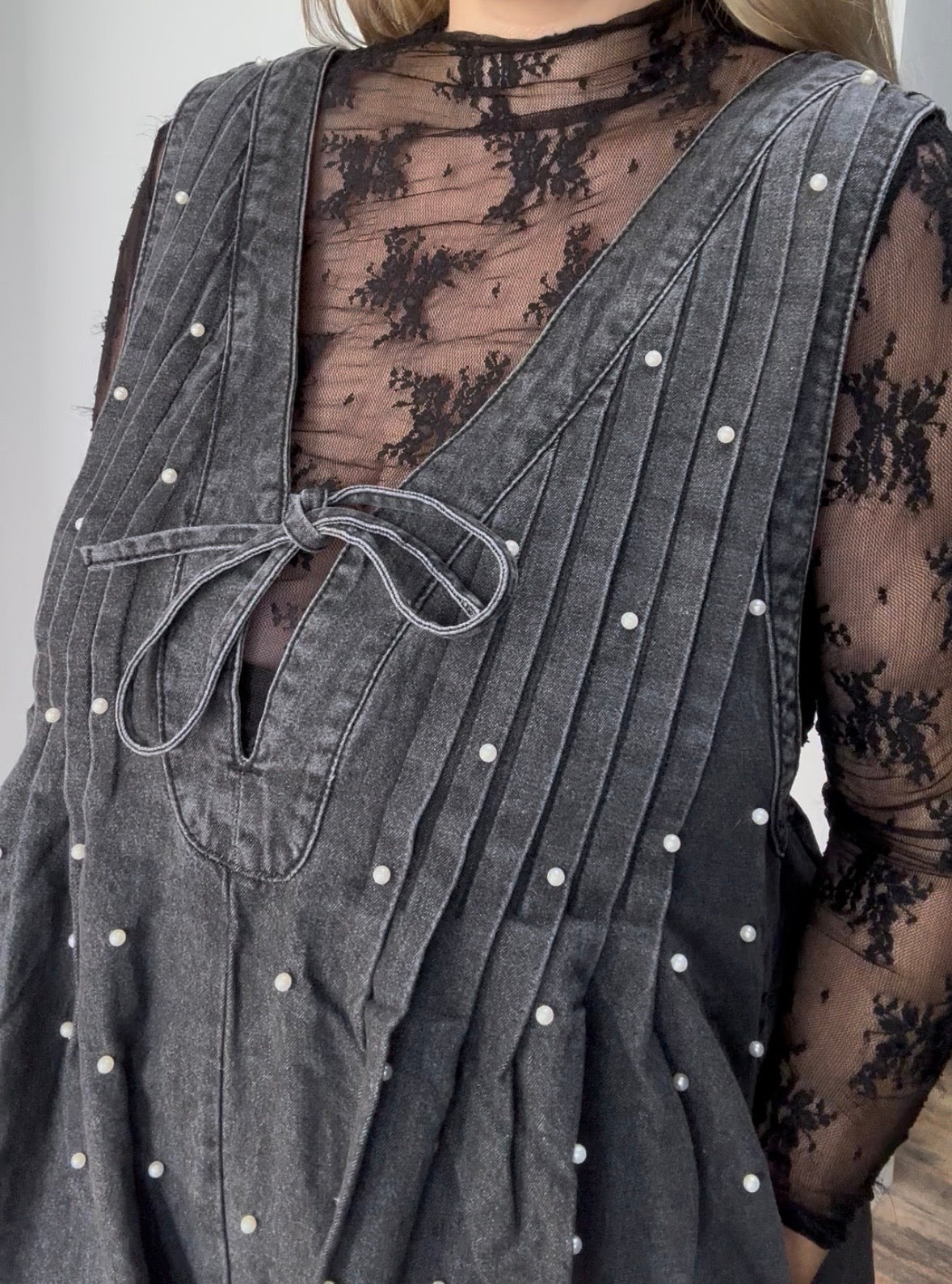 Pleated All over Pearl Denim Romper