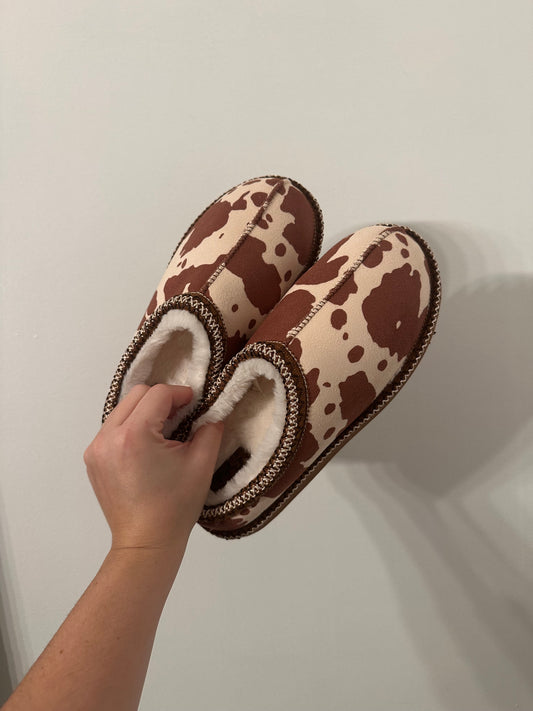 Brown Cow Print Cozy Slippers
