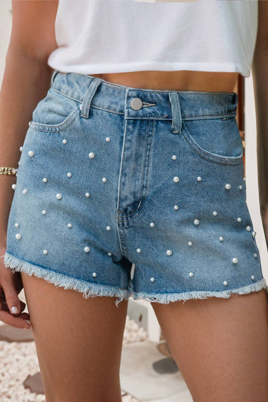 LDC Pearl Beaded Raw Hem Medium Wash Denim Shorts