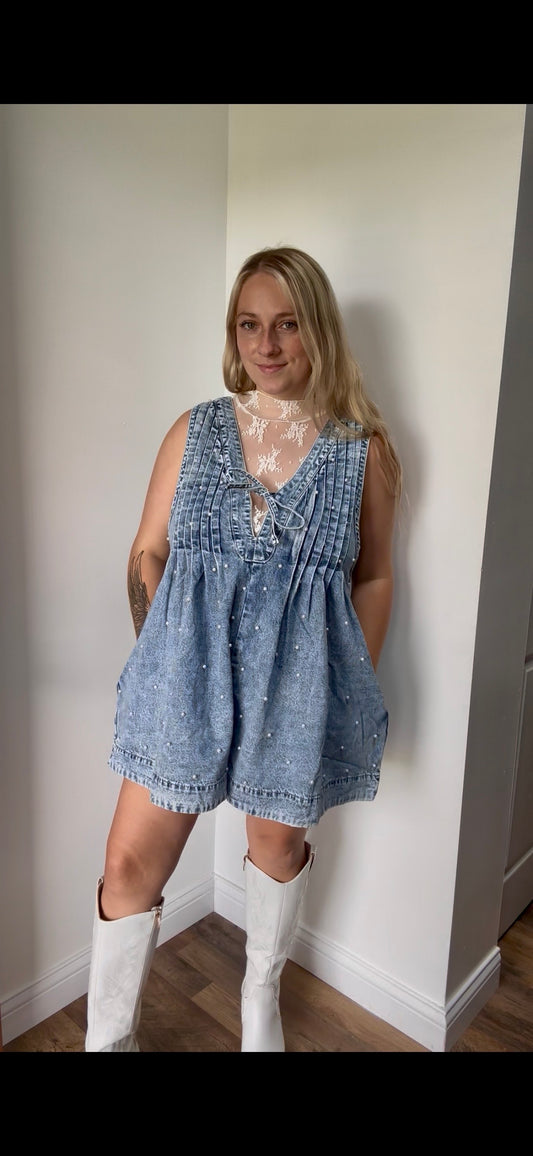 Pleated All over Pearl Denim Romper