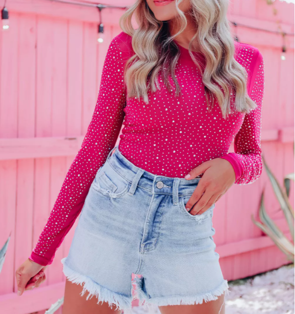 Rose Rhinestone O-neck Long Sleeve Bodysuit