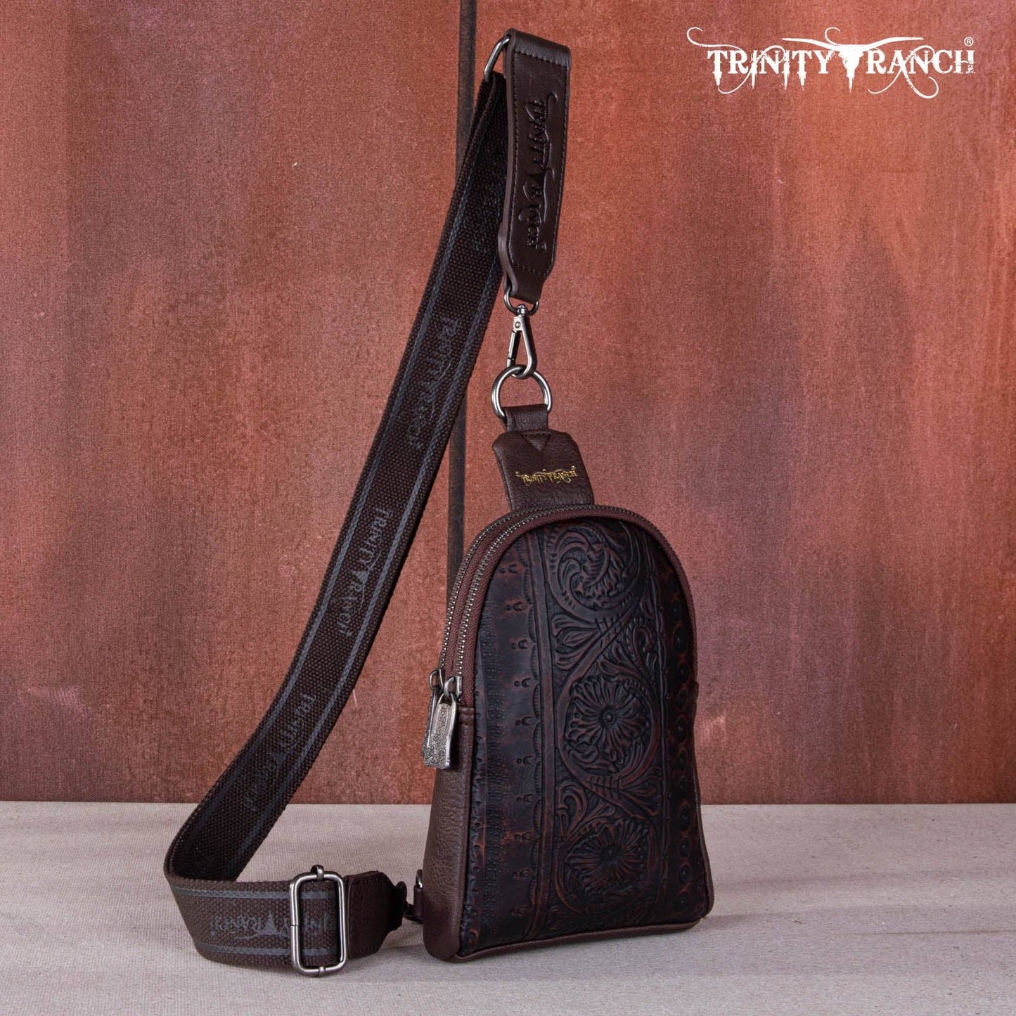 TR159-210A Trinity Ranch Floral Tooled  Collection Sling Bag