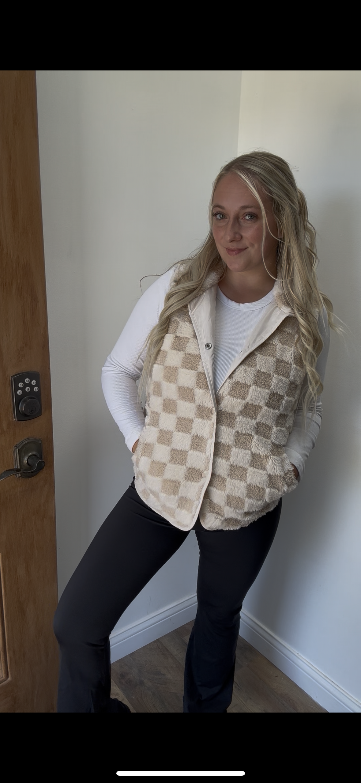 LDC Sherpa Checkerboard Snap Button Vest Jacket