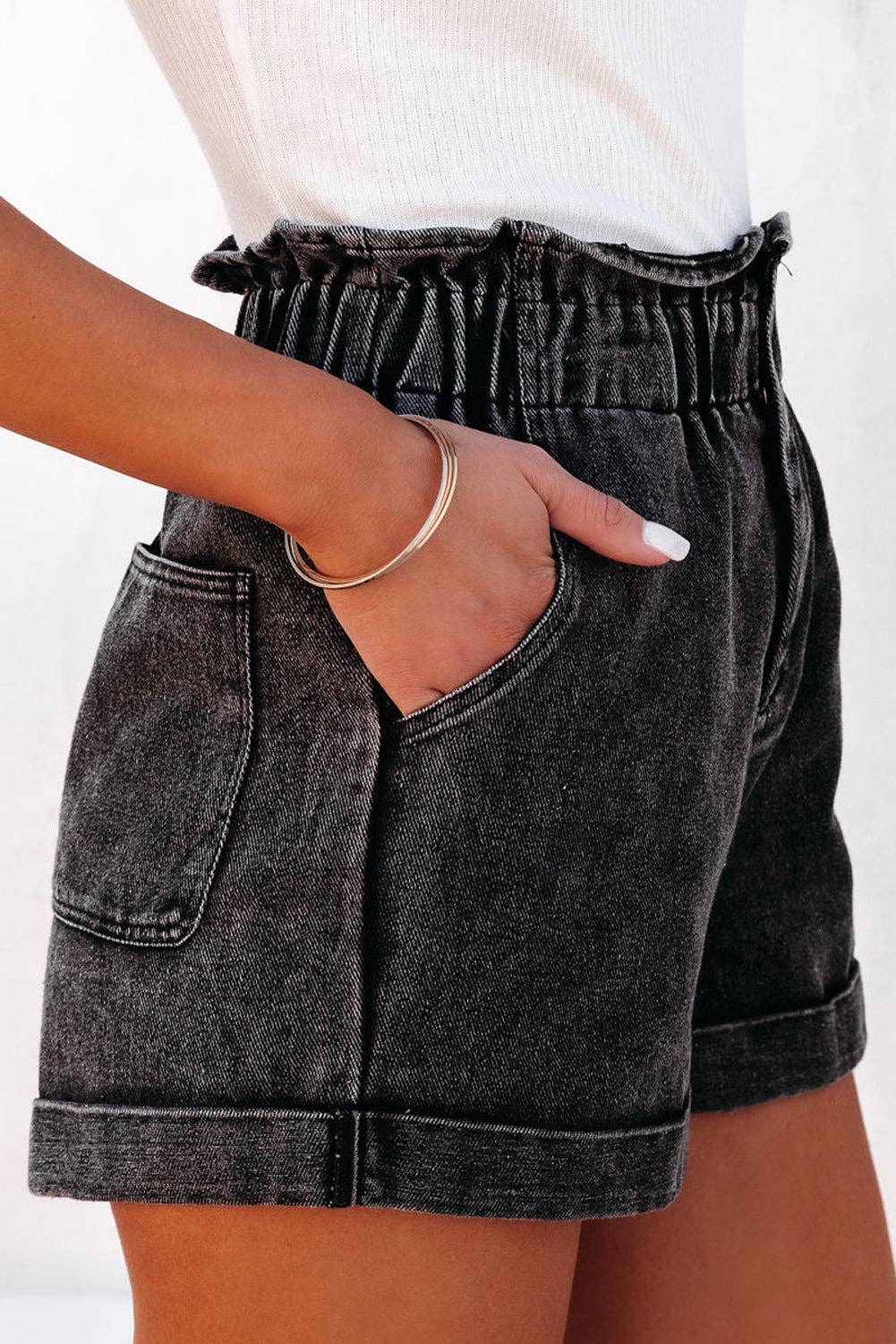 Vintage Washed Frilled High Waist Denim Shorts