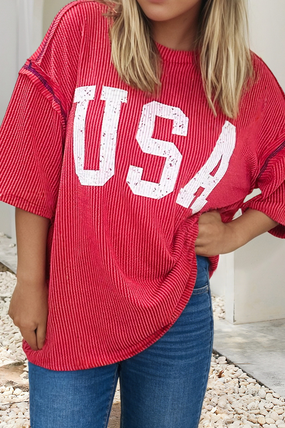 USA Graphic Half Sleeve Loose Ribbed Top