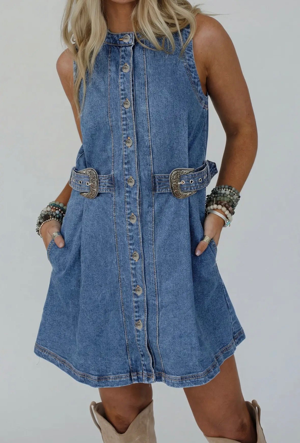 Western Belt Detail Button Down Sleeveless Denim Short Dress