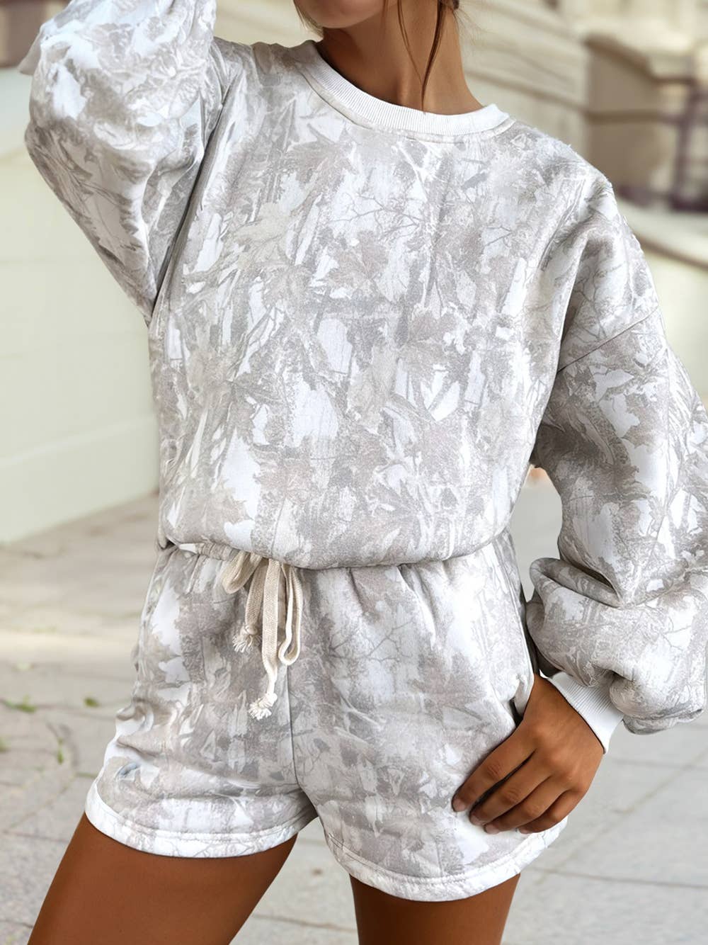 Camo Print Long Sleeve Top and Shorts Set