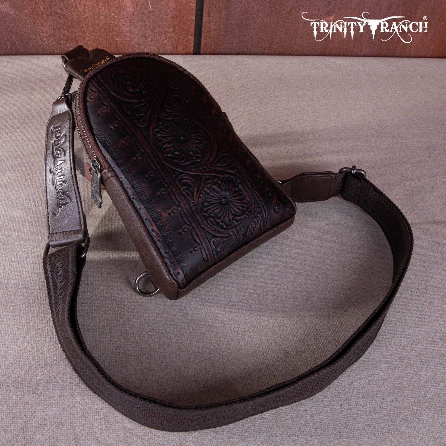 TR159-210A Trinity Ranch Floral Tooled  Collection Sling Bag