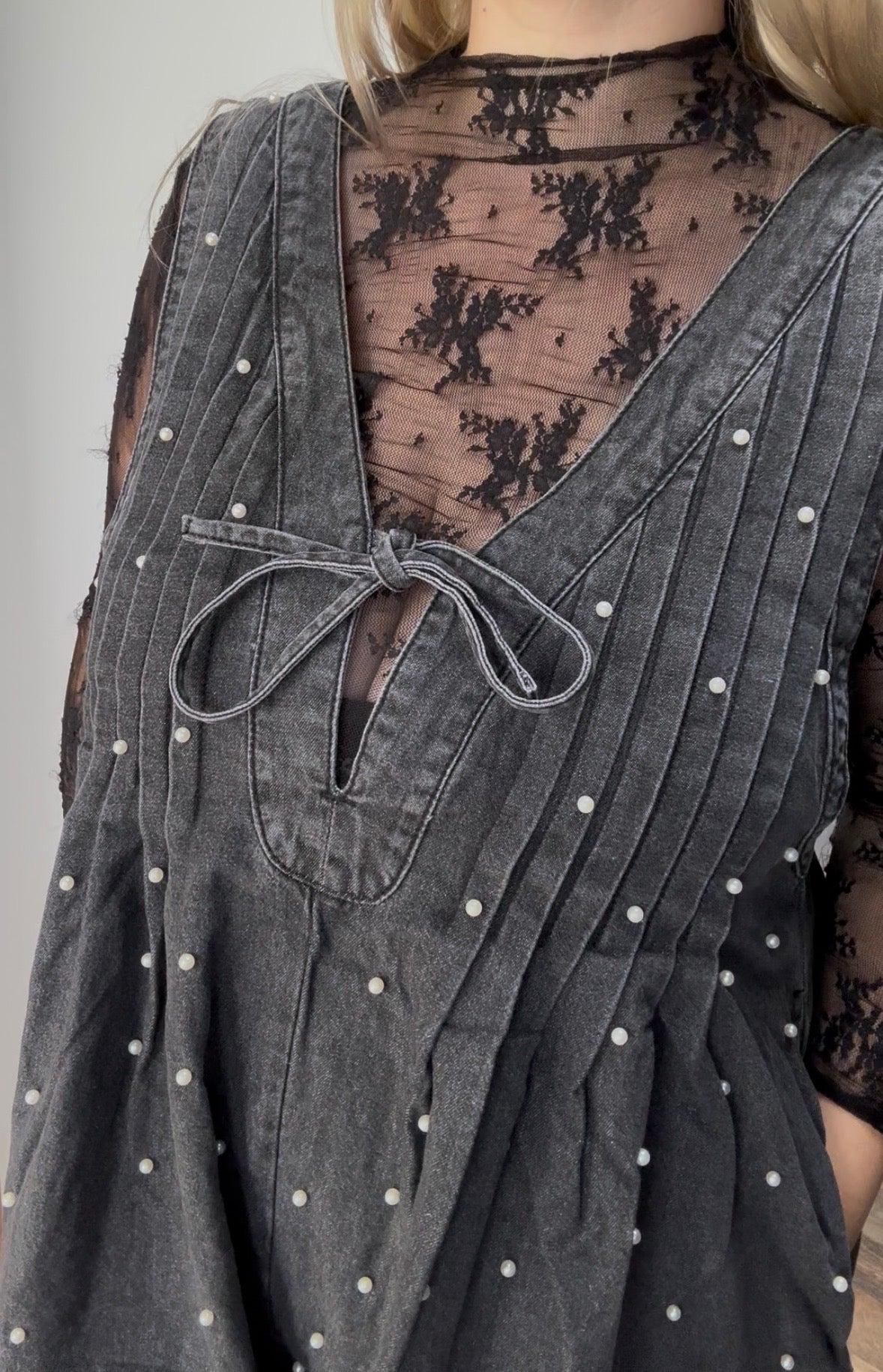 Pleated All over Pearl Denim Romper