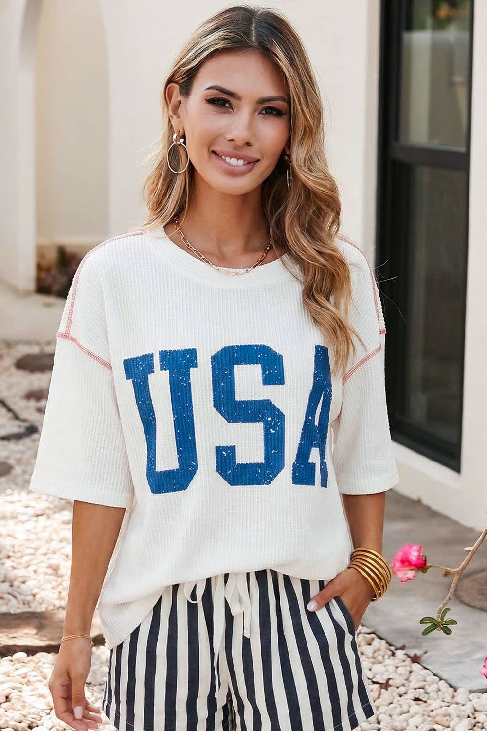 USA Graphic Half Sleeve Loose Ribbed Top