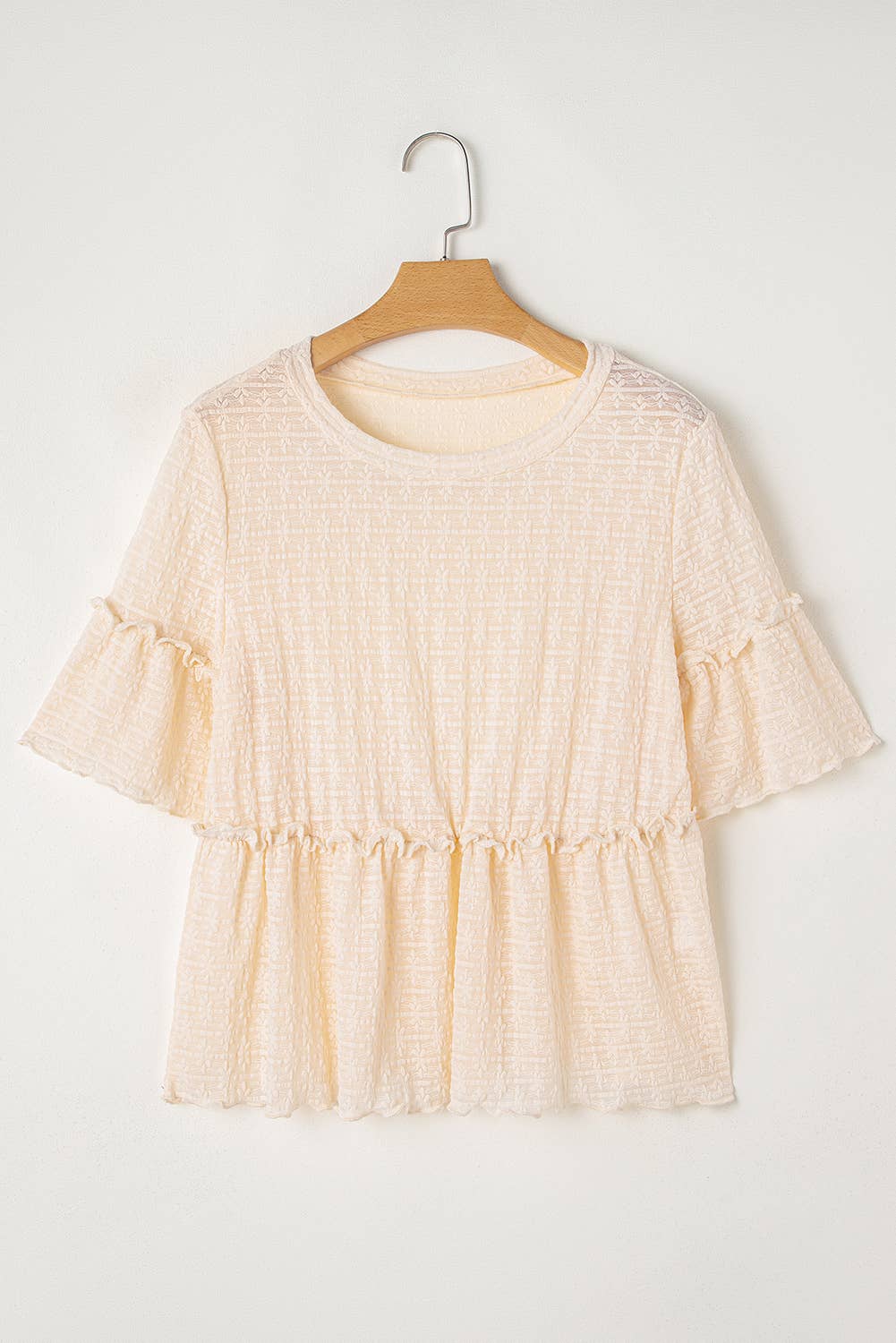 Solid Color Textured Ruffled Short Sleeve Blouse