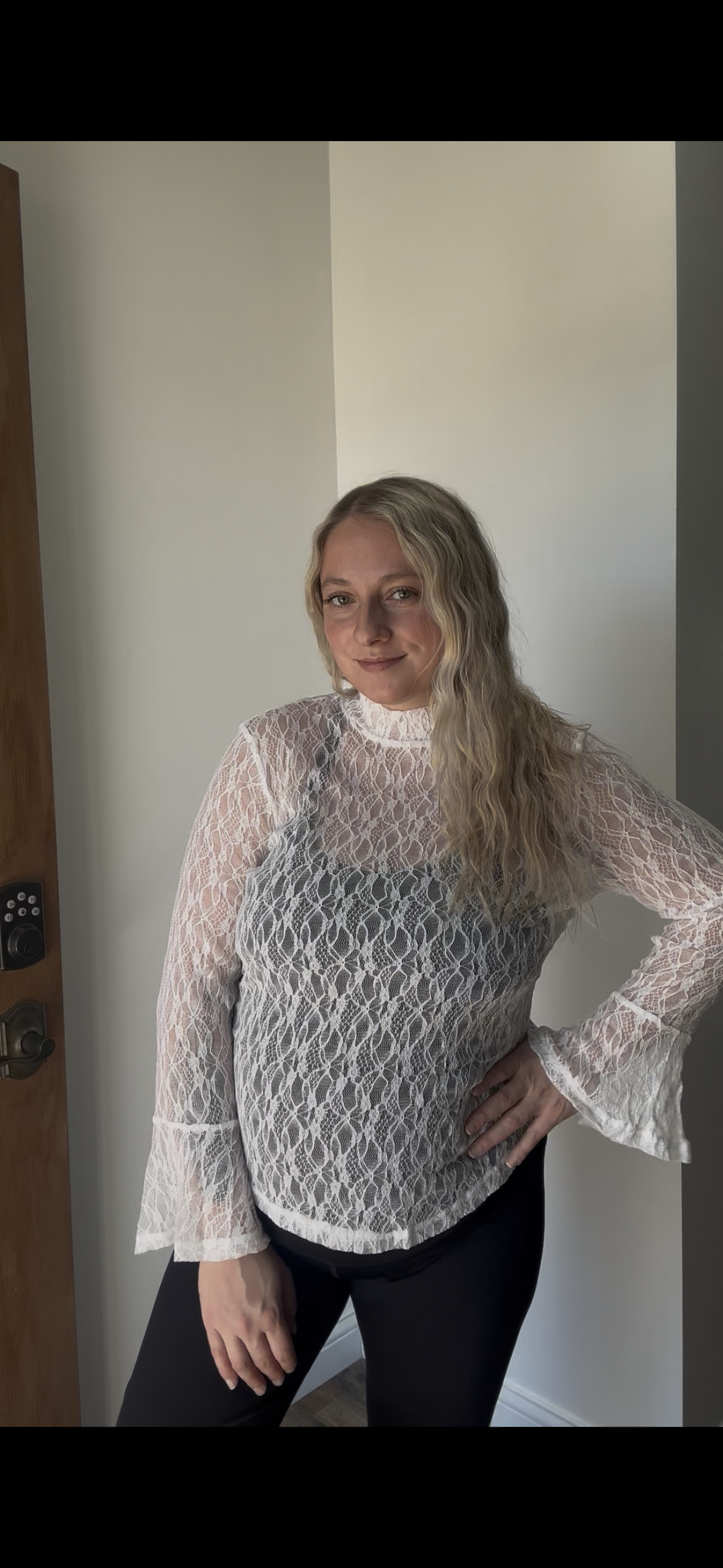 Sheer Lace Bell Sleeve Mock Neck Blouse