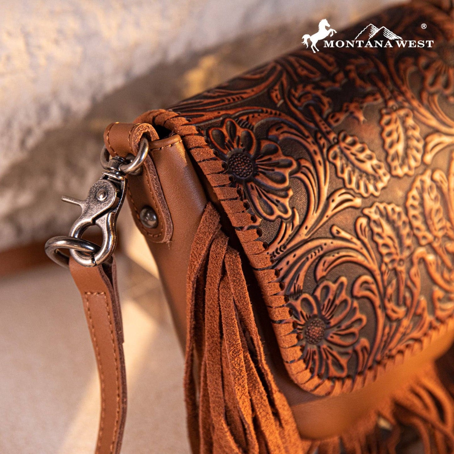 RLC-L187 Montana West Genuine Leather Tooled Fringe Crossbody - Brown