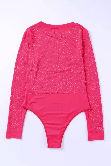 Rose Rhinestone O-neck Long Sleeve Bodysuit