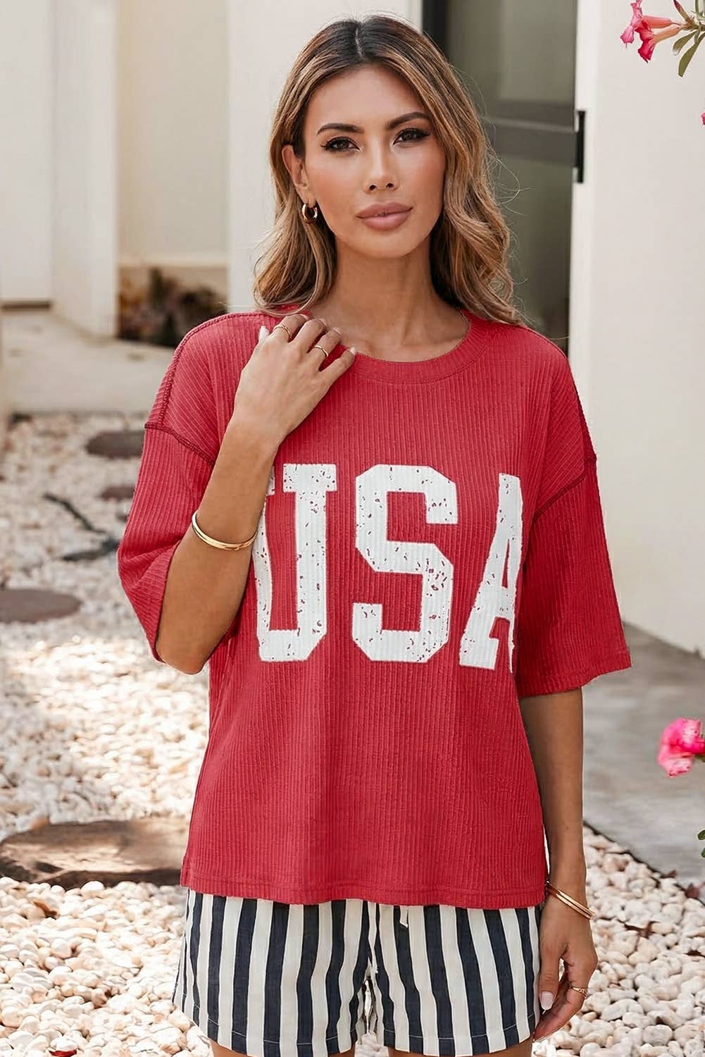 USA Graphic Half Sleeve Loose Ribbed Top