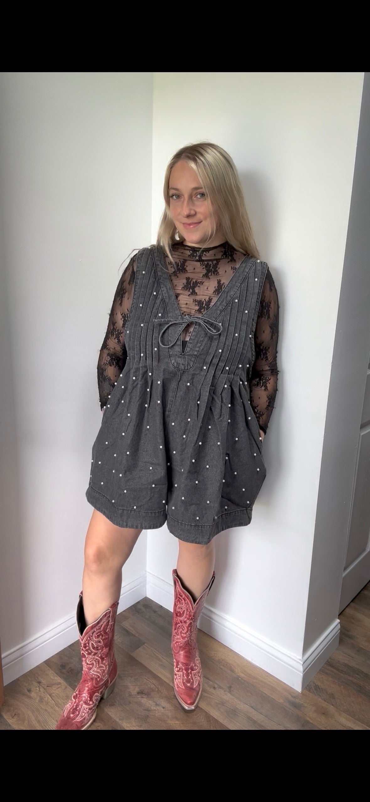 Pleated All over Pearl Denim Romper