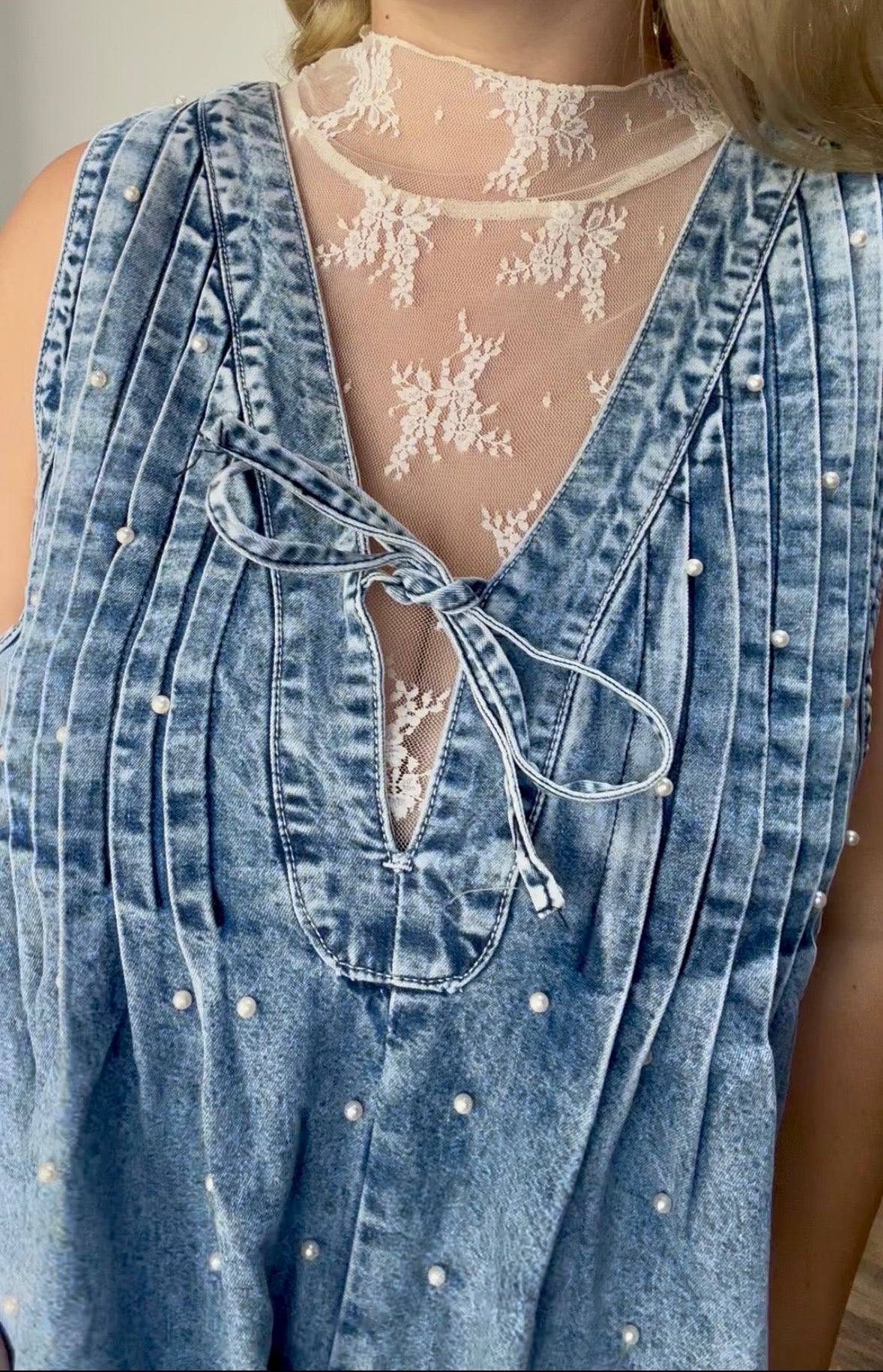 Pleated All over Pearl Denim Romper