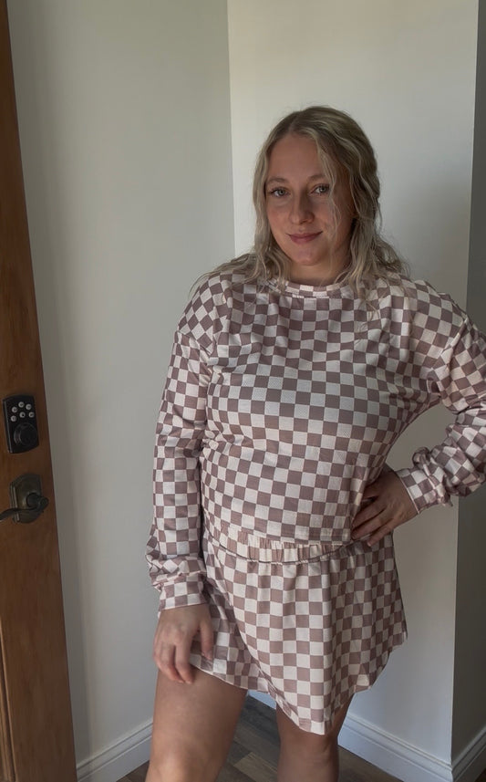 Checkered Long Sleeve Crop Top High Waist Skort 2pcs Set