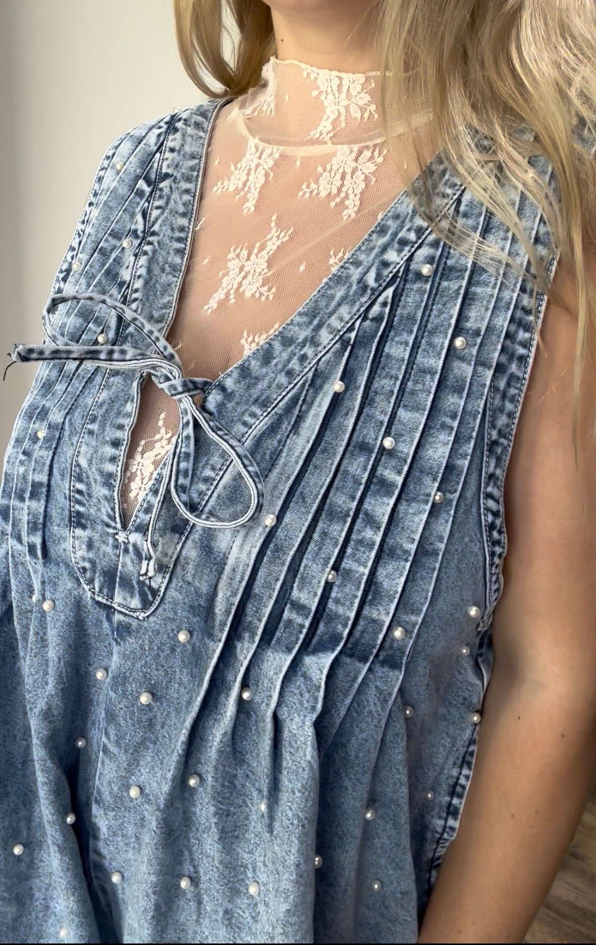 Pleated All over Pearl Denim Romper