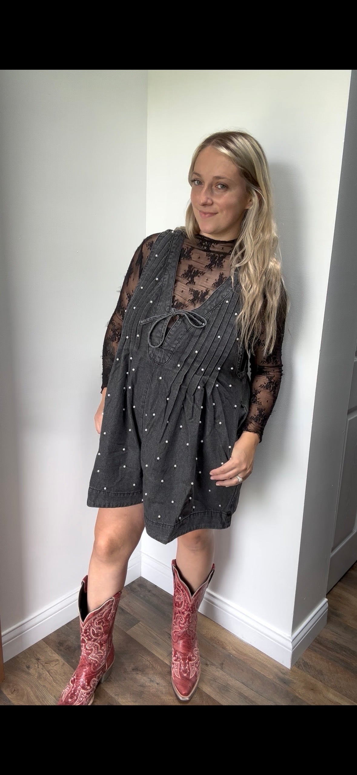 Pleated All over Pearl Denim Romper