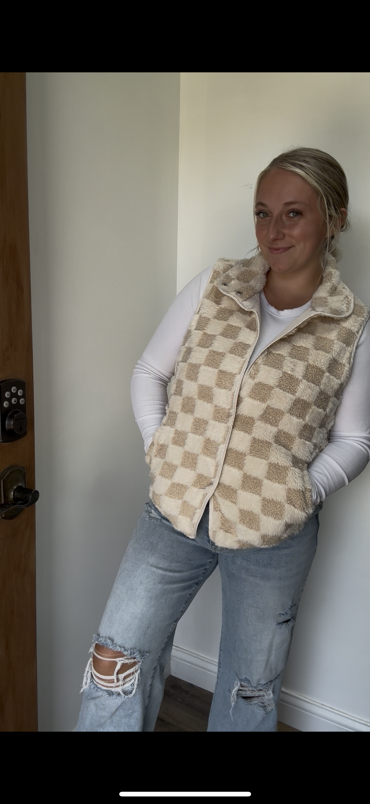 LDC Sherpa Checkerboard Snap Button Vest Jacket