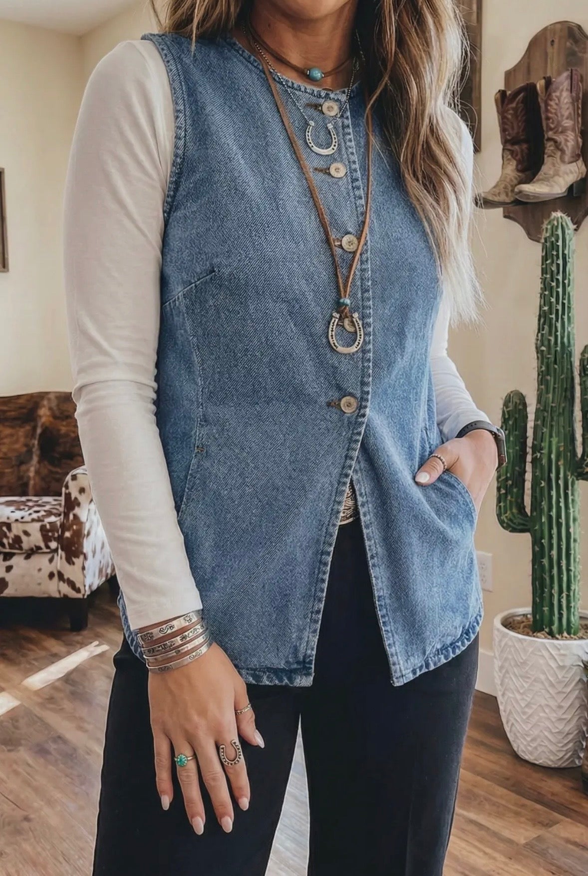 Fashion-W Western Buttoned Front Slit Denim Vest