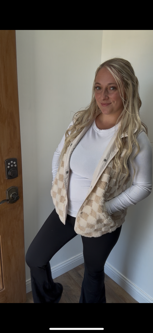 LDC Sherpa Checkerboard Snap Button Vest Jacket