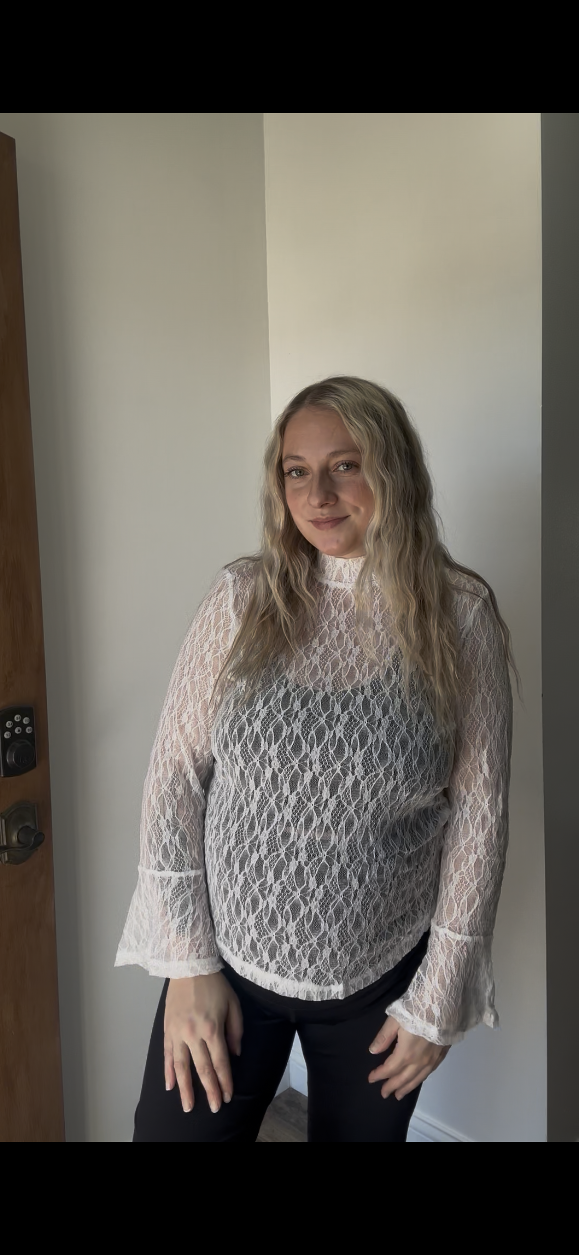 Sheer Lace Bell Sleeve Mock Neck Blouse