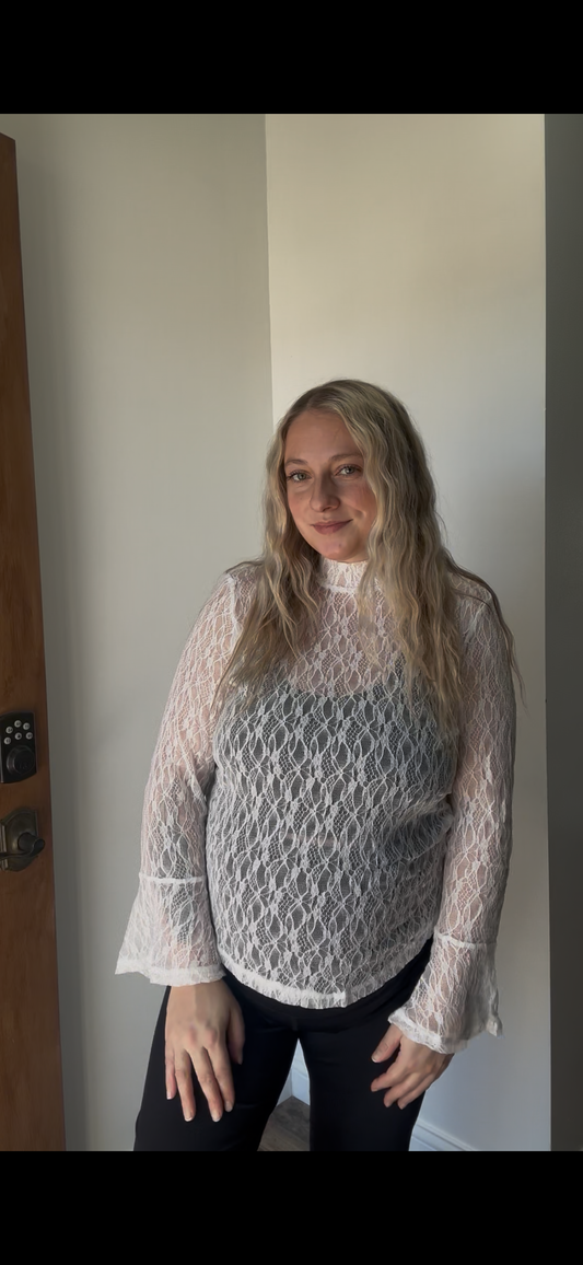 Sheer Lace Bell Sleeve Mock Neck Blouse