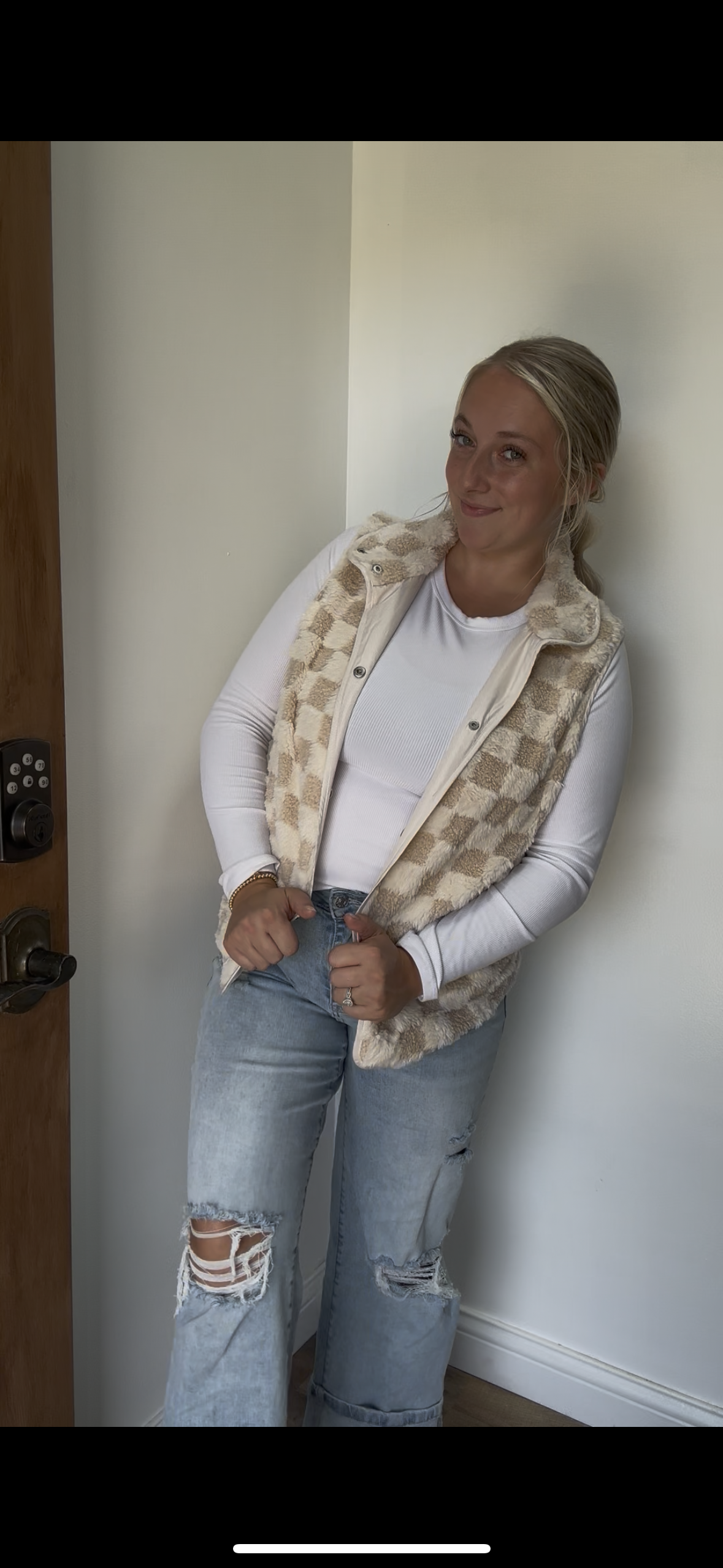 LDC Sherpa Checkerboard Snap Button Vest Jacket