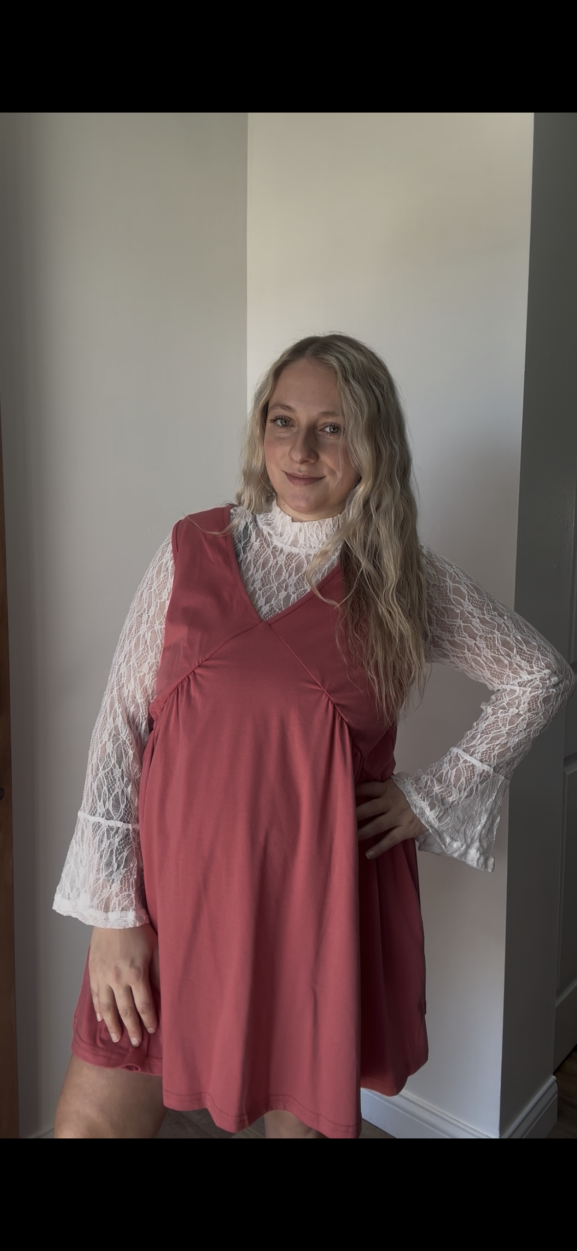 Sheer Lace Bell Sleeve Mock Neck Blouse