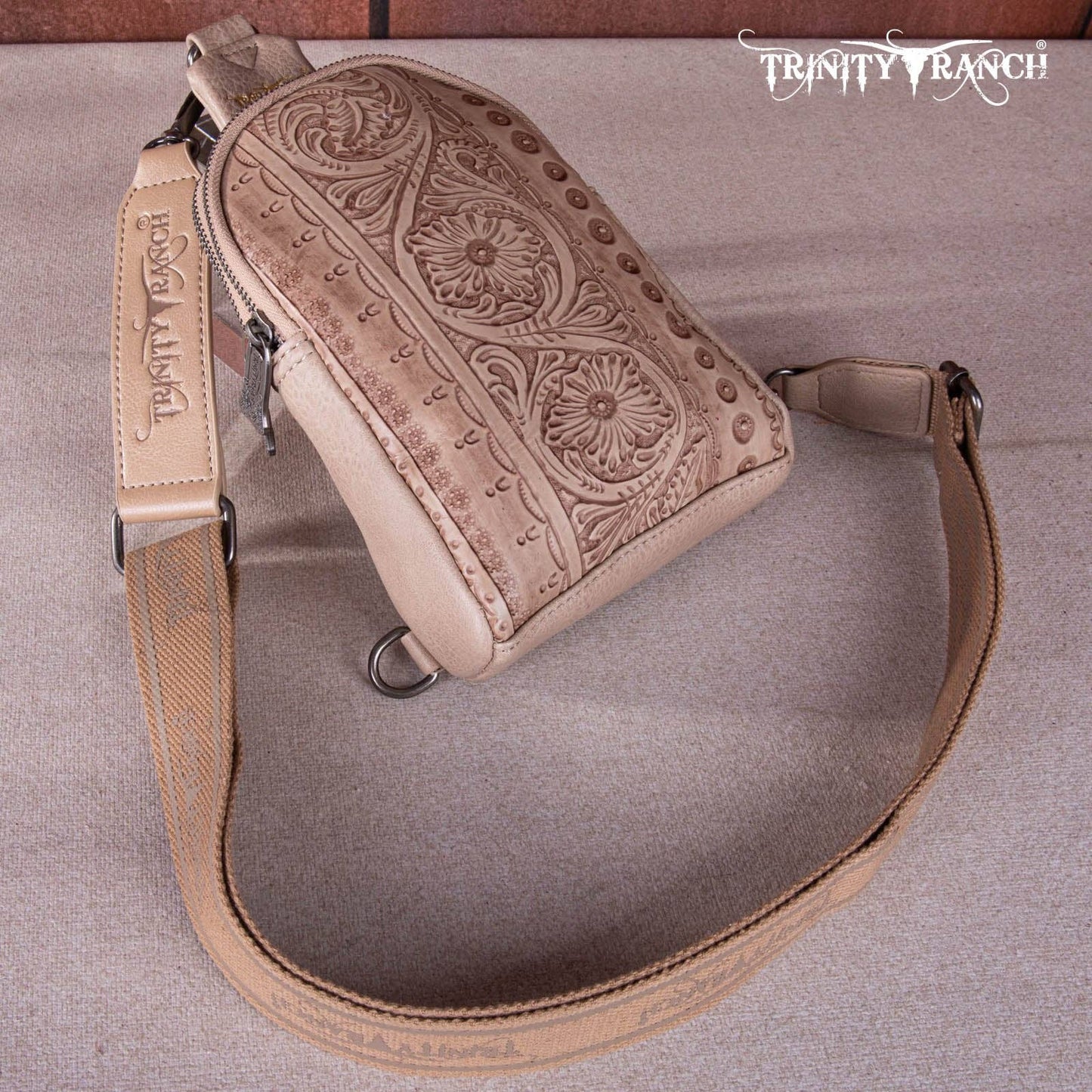 TR159-210A Trinity Ranch Floral Tooled  Collection Sling Bag