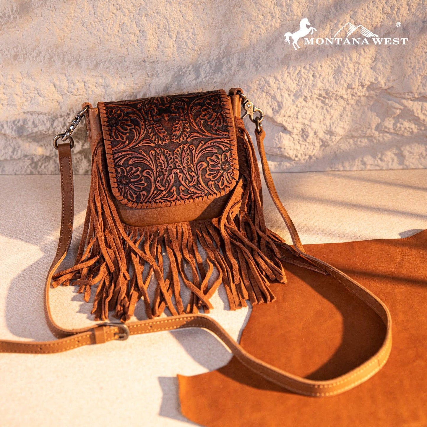 RLC-L187 Montana West Genuine Leather Tooled Fringe Crossbody - Brown