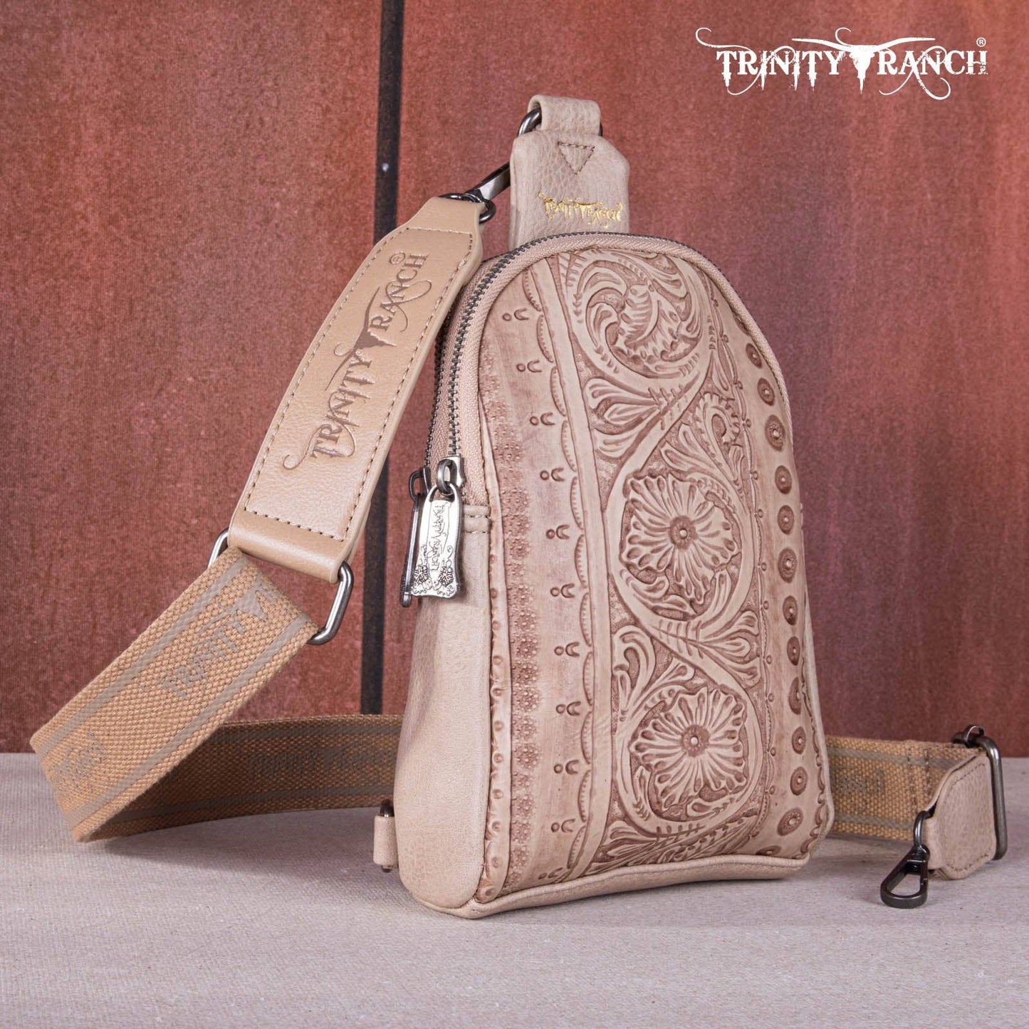 TR159-210A Trinity Ranch Floral Tooled  Collection Sling Bag