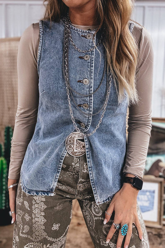 Fashion-W Western Buttoned Front Slit Denim Vest
