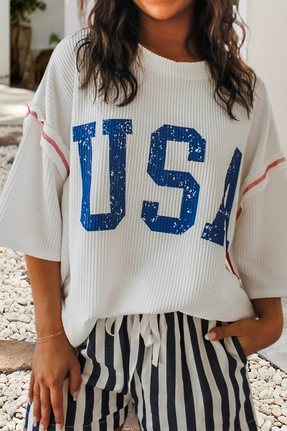 USA Graphic Half Sleeve Loose Ribbed Top